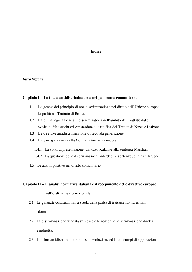 Indice della tesi: Le discriminazioni di genere nel rapporto di lavoro, Pagina 1