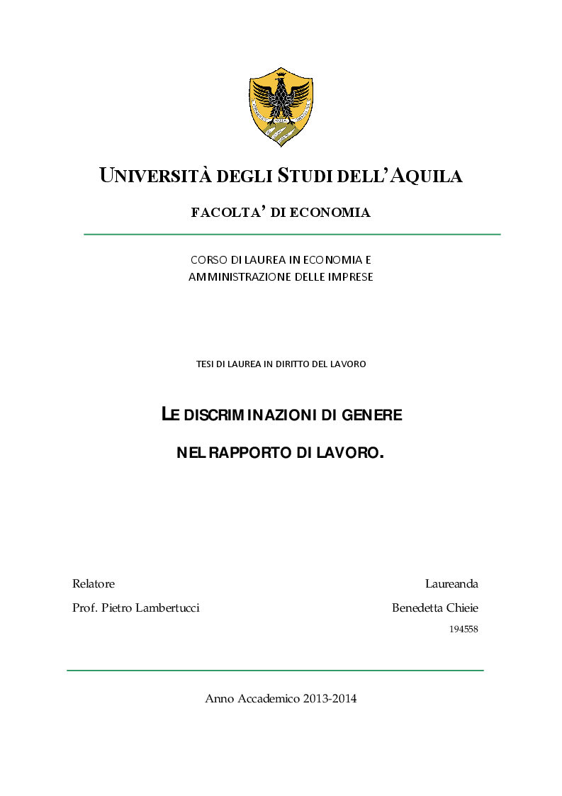 Anteprima della tesi: Le discriminazioni di genere nel rapporto di lavoro, Pagina 1
