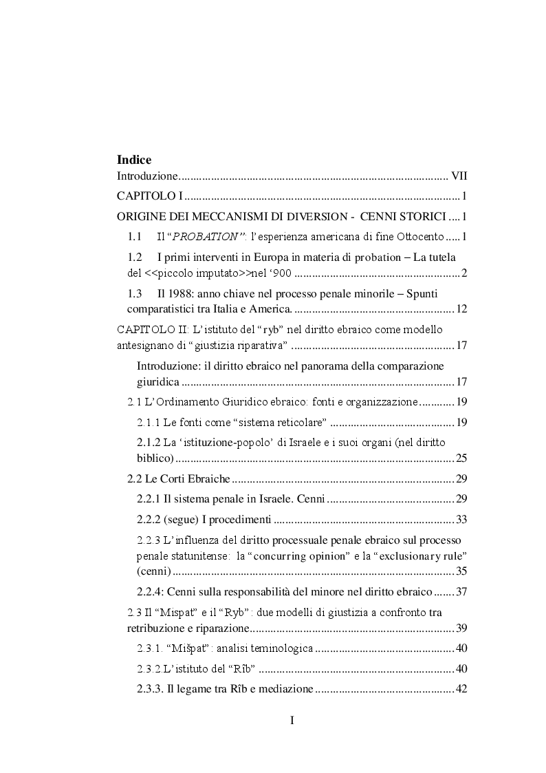 Indice della tesi: I meccanismi di diversion: comparazione giuridica ed esperienza pratica, Pagina 1