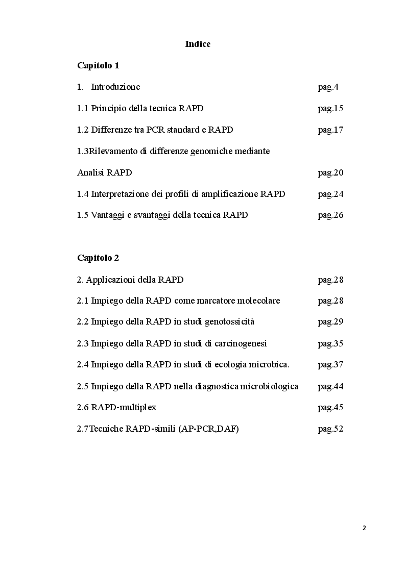 Indice della tesi: Tecnica RAPD (Random Amplification Of Polymorphic DNA), Pagina 1
