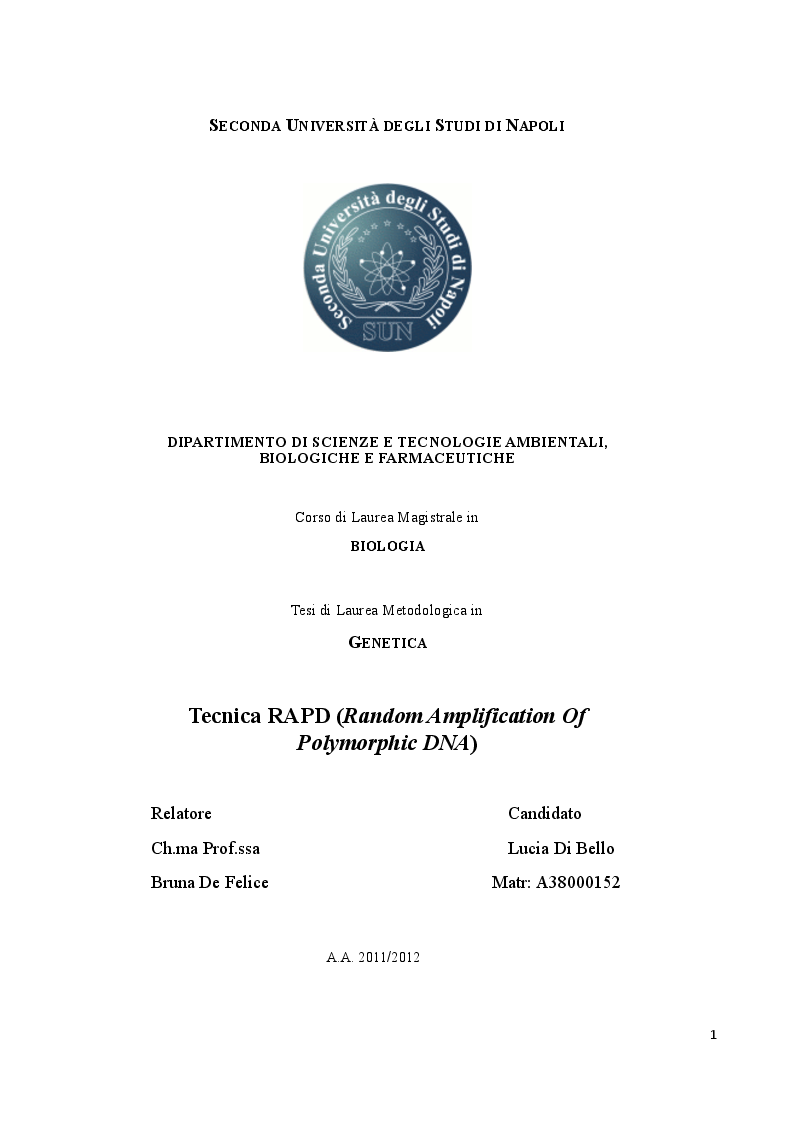 Anteprima della tesi: Tecnica RAPD (Random Amplification Of Polymorphic DNA), Pagina 1