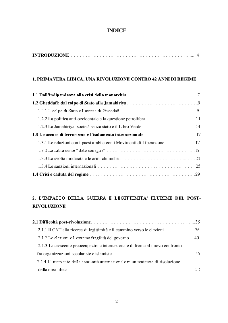 Indice della tesi: Il “caos” libico: legittimità plurime nel post-rivoluzione, Pagina 1