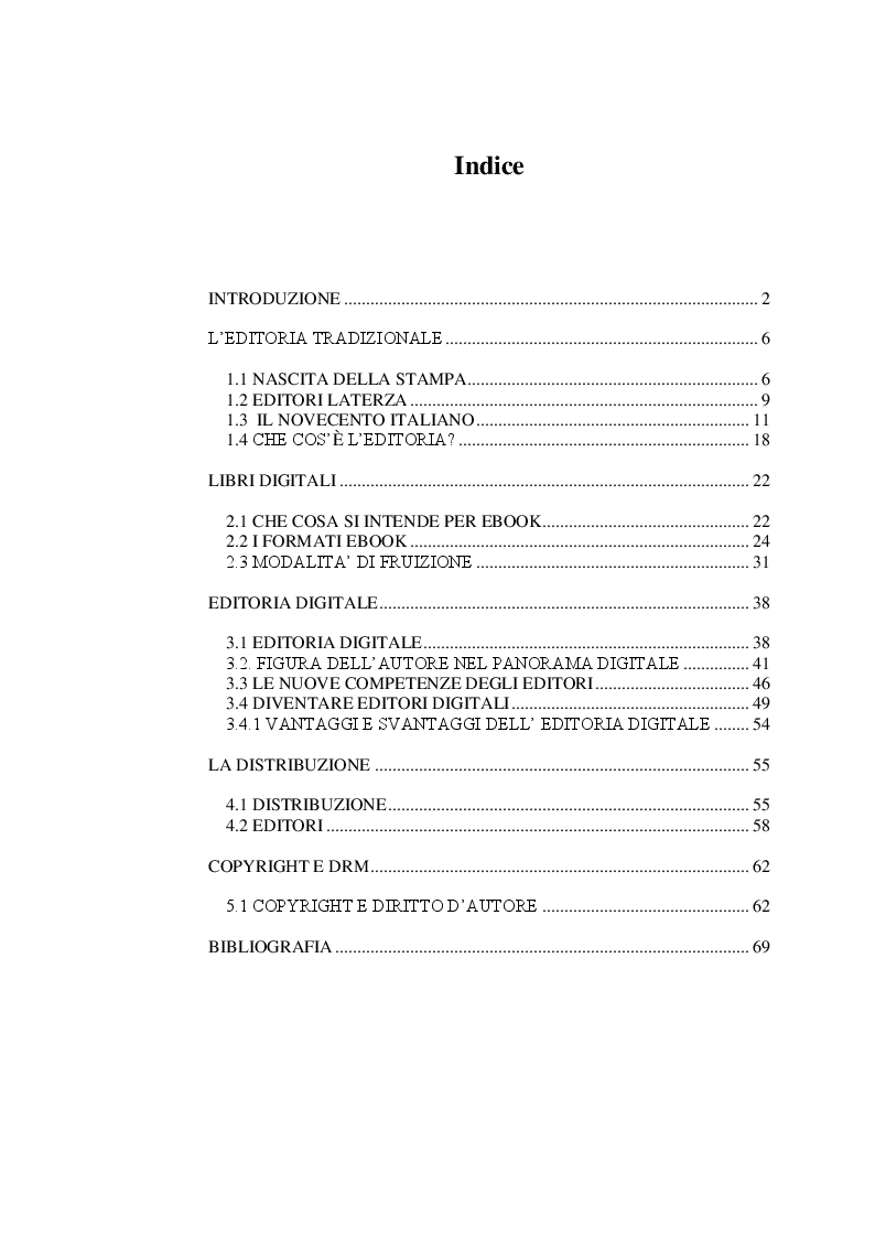 Indice della tesi: Editoria digitale. Dalla carta all'editoria che verrà , Pagina 1