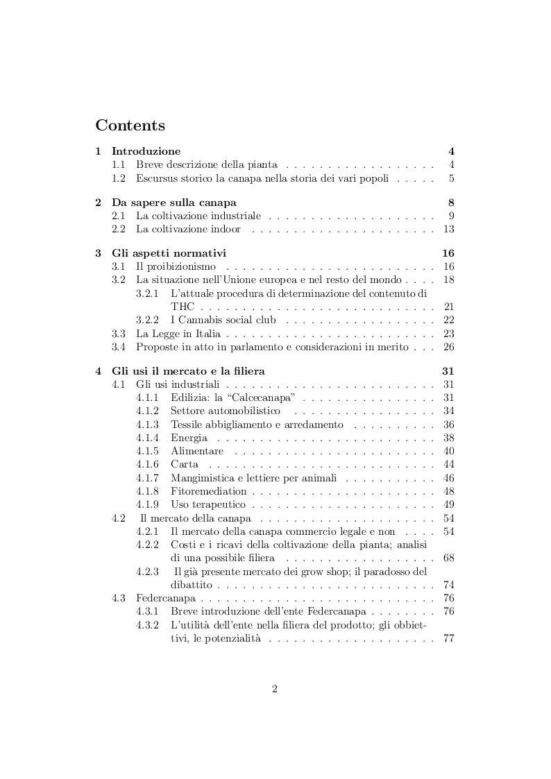 Indice della tesi: La coltivazione della canapa in Italia problematiche e prospettive, Pagina 1
