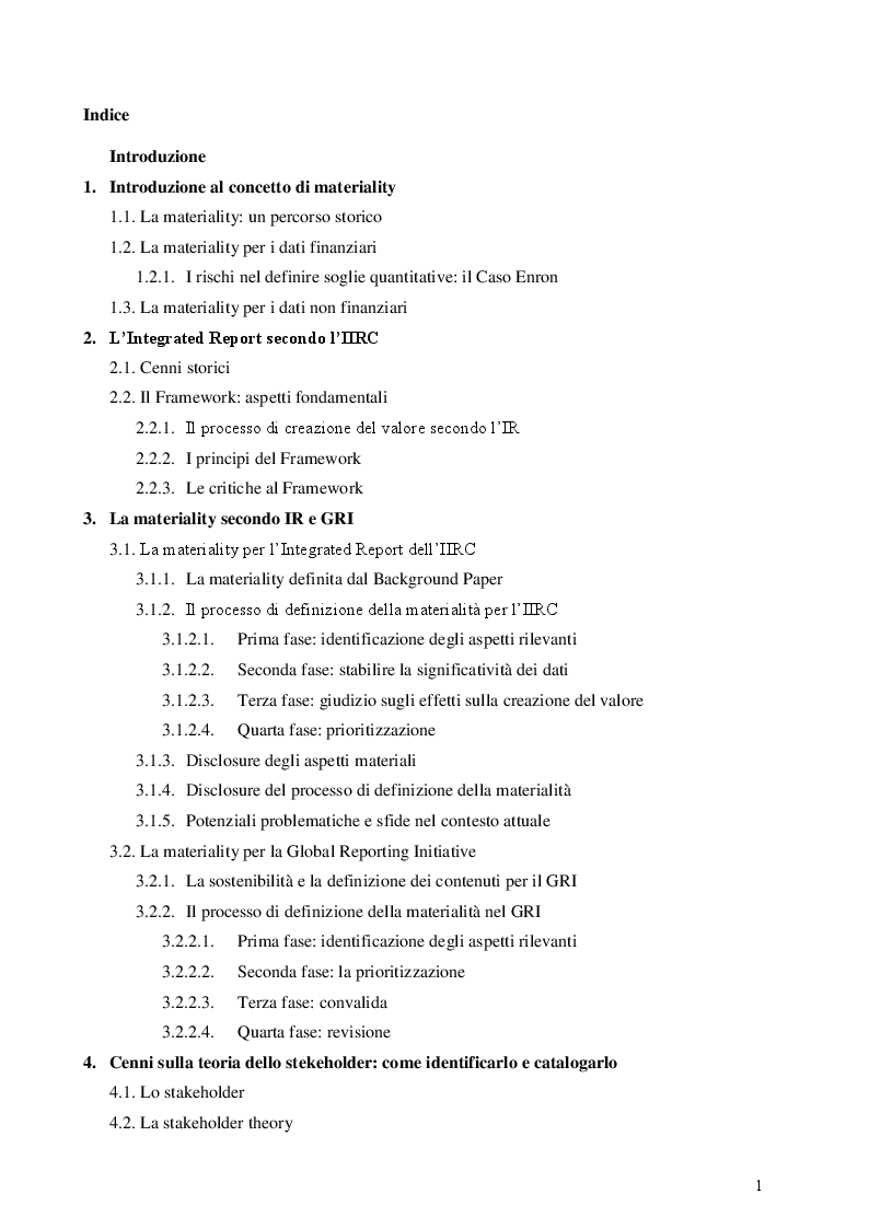 Indice della tesi: La Materiality: Concetti fondamentali e analisi empirica nell’Integrated Report, Pagina 1