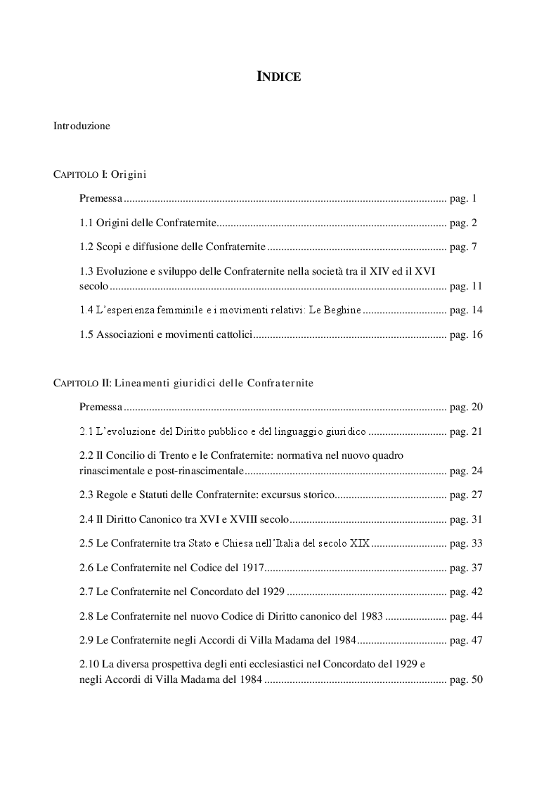 Indice della tesi: Viaggio nelle Confraternite tra storia e diritto: alla ricerca della Confraternita del Monte dei Morti di Roccarainola, Pagina 1