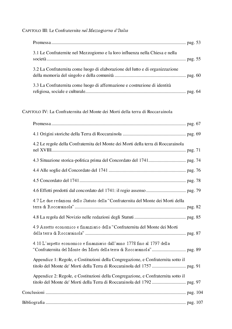 Indice della tesi: Viaggio nelle Confraternite tra storia e diritto: alla ricerca della Confraternita del Monte dei Morti di Roccarainola, Pagina 2