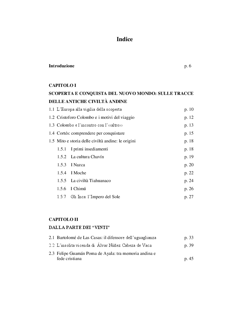 Indice della tesi: L'incontro con l' ''Altro'': l'indio in Perù dalla scoperta alla letteratura indigenista., Pagina 1