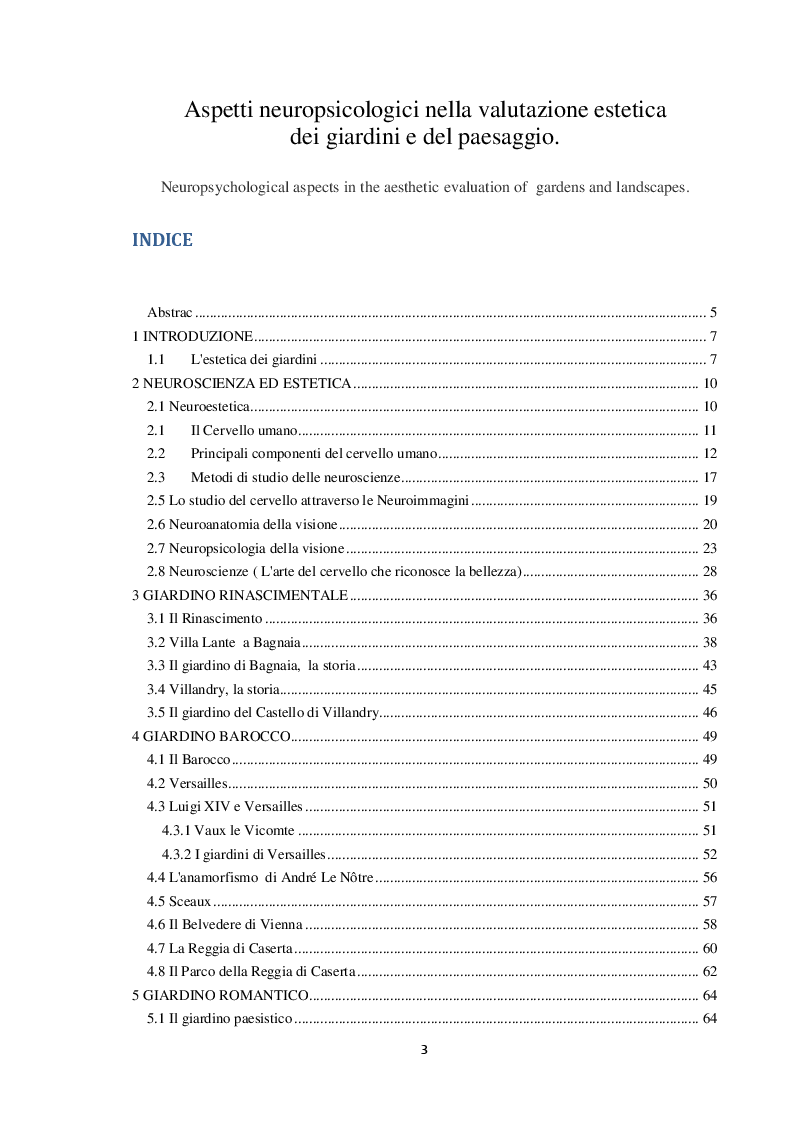 Indice della tesi: Aspetti neuropsicologici nella valutazione estetica dei giardini e del paesaggio, Pagina 1