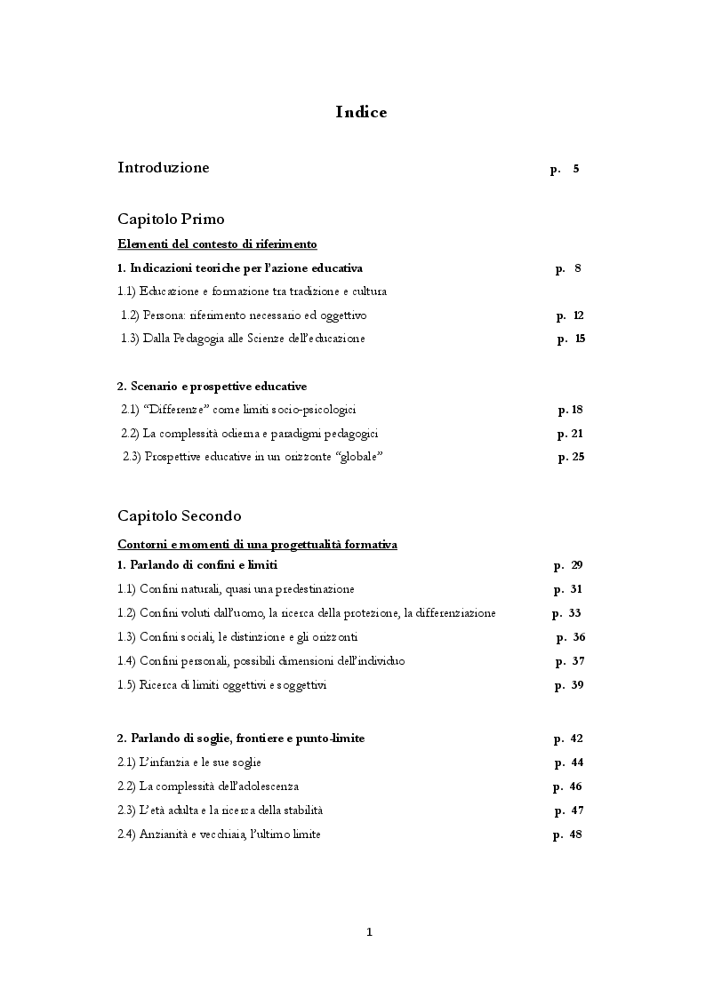 Indice della tesi: Orientarsi al confine. Limite, soglia, frontiera, punto limite nelle Scienze dell'educazione, Pagina 1