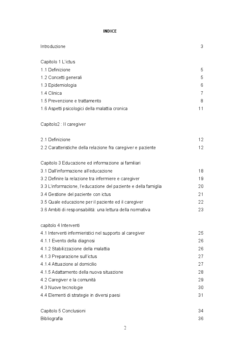 Indice della tesi: Prendersi cura del paziente ictato: Rassegna degli interventi educativi e di supporto di pertinenza del personale infermieristico e a beneficio del caregiver, Pagina 1