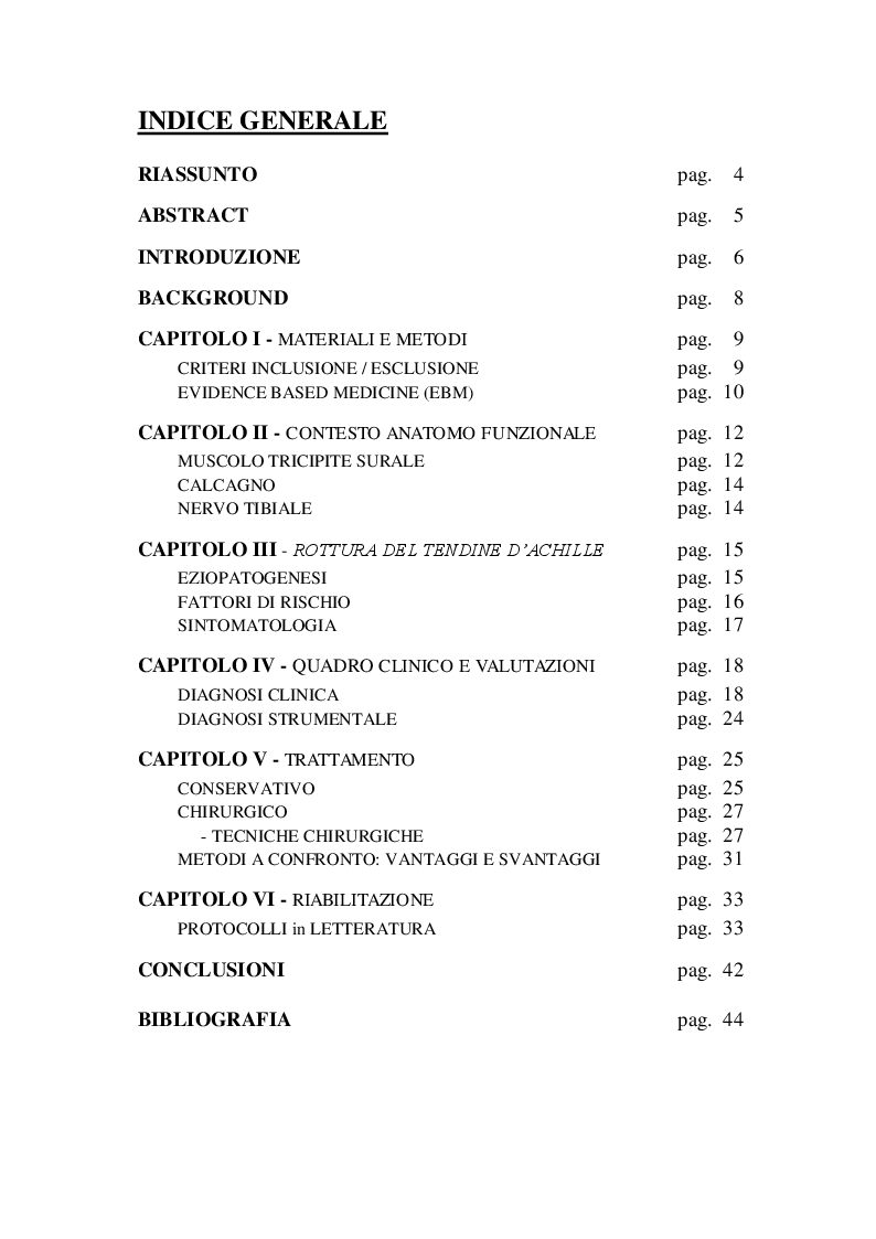 Indice della tesi: La riabilitazione nel paziente con esito di rottura del tendine d'Achille: evidenze nella letteratura scientifica, Pagina 1
