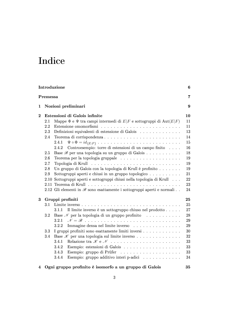 Indice della tesi: Estensioni di Galois Infinite e Gruppi Profiniti, Pagina 1