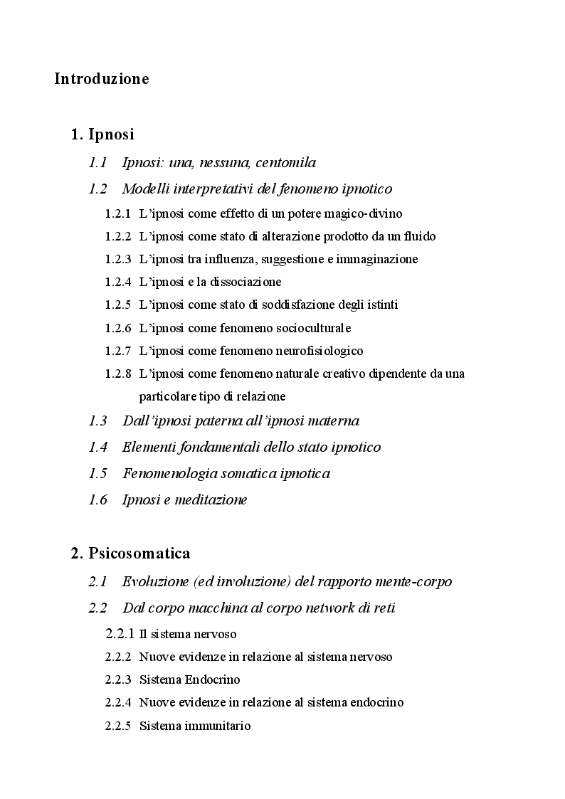 Indice della tesi: Ipnosi e processi psicosomatici, Pagina 1
