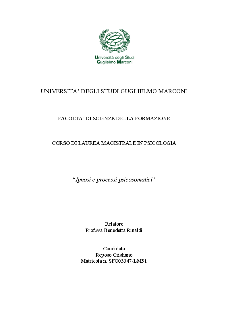 Anteprima della tesi: Ipnosi e processi psicosomatici, Pagina 1