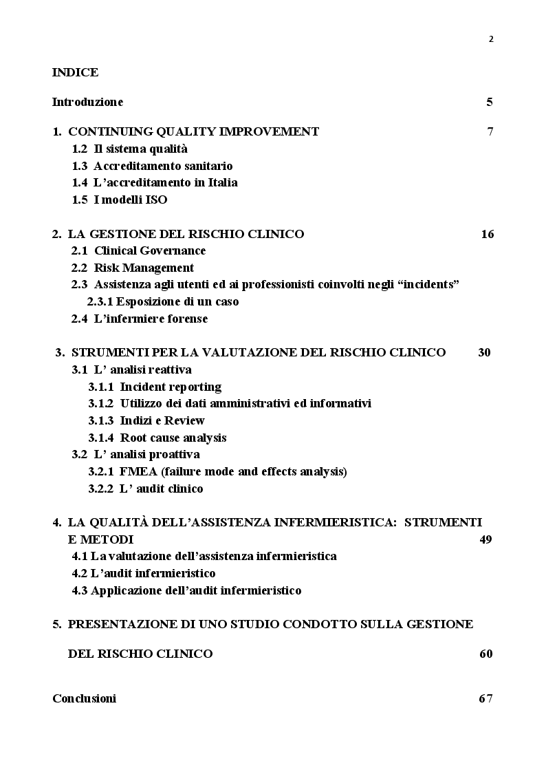 Indice della tesi: Qualità e sicurezza delle cure: ruolo e competenze dell'infermiere., Pagina 1
