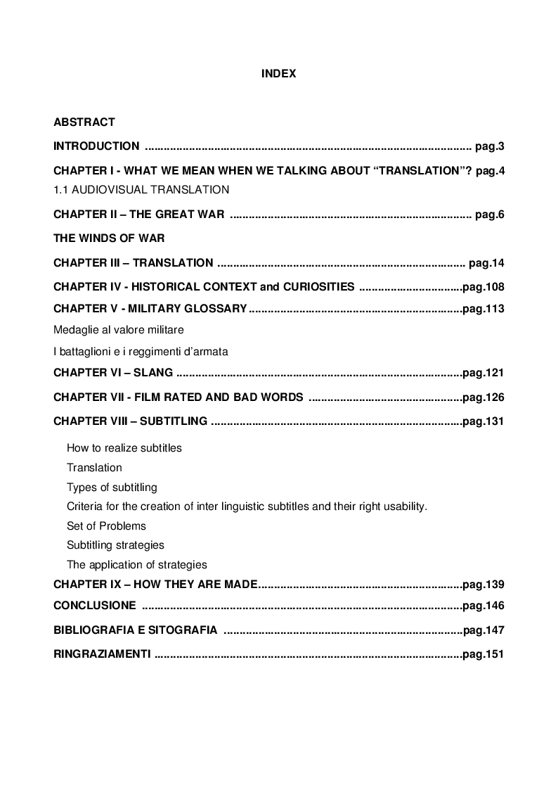 Indice della tesi: “Passchendaele”. Proposta di traduzione di una trascrizione di una pellicola cinematografica e adattamento dei sottotitoli comprendente excursus storico della Prima Guerra Mondiale, Pagina 1