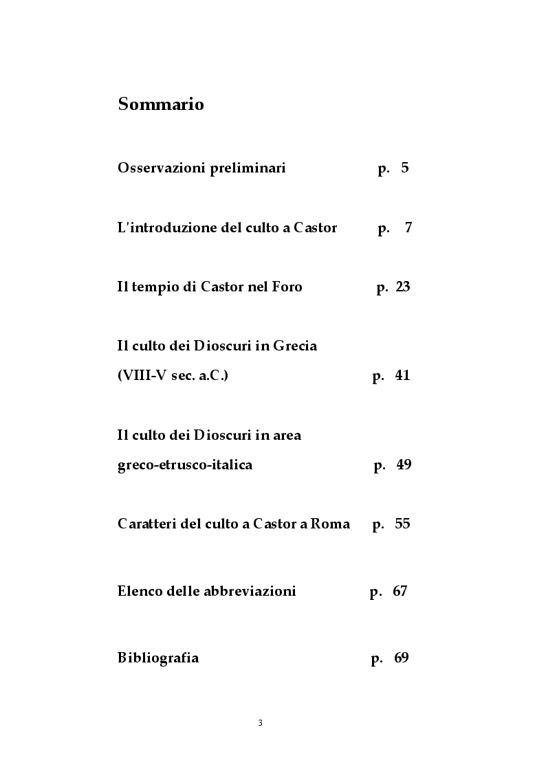 Indice della tesi: Il culto di Castor a Roma in età arcaica, Pagina 1