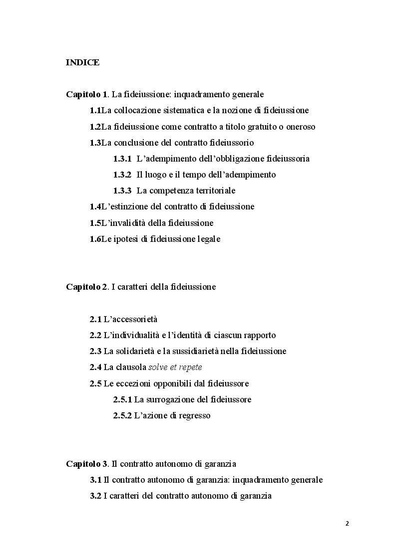 Indice della tesi: Autonomia ed accessorietà del rapporto fideiussorio, Pagina 1