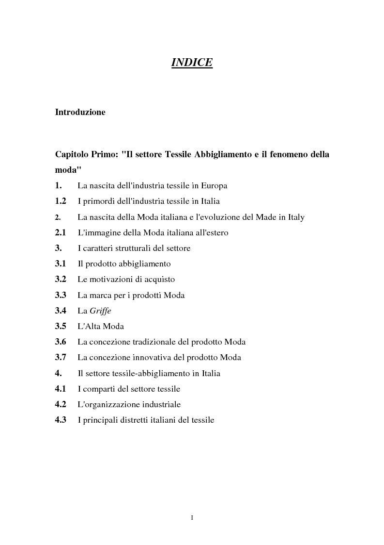 Indice della tesi: Il sistema della moda e la comunicazione: strumenti ed obiettivi, Pagina 1