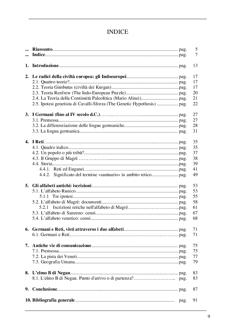 Indice della tesi: I Reti e i Germani: alfabeto retico di Magré e Rune. L'elmo B di Negau, Pagina 1