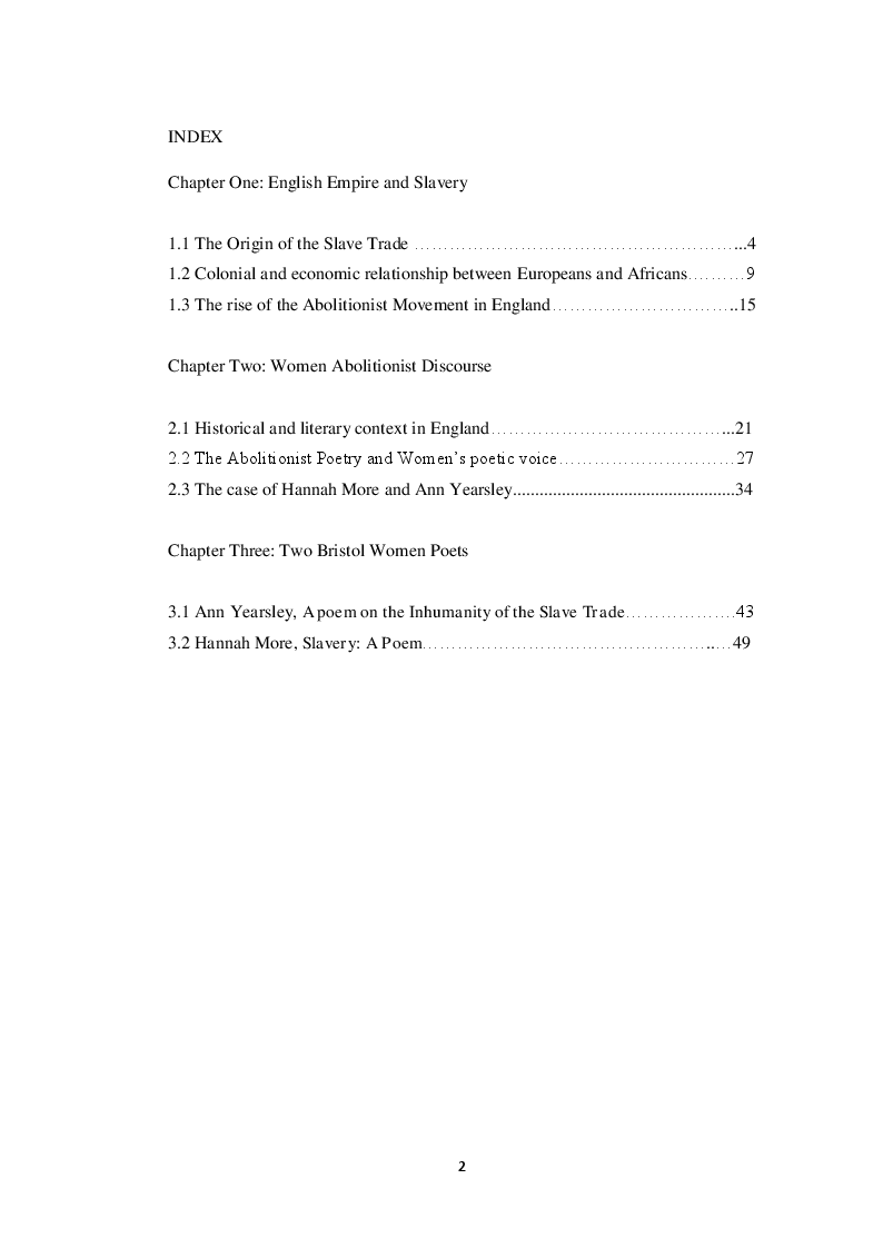 Indice della tesi: Bristol Abolitionist Poetry: Hannah More and Ann Yearsley, Pagina 1