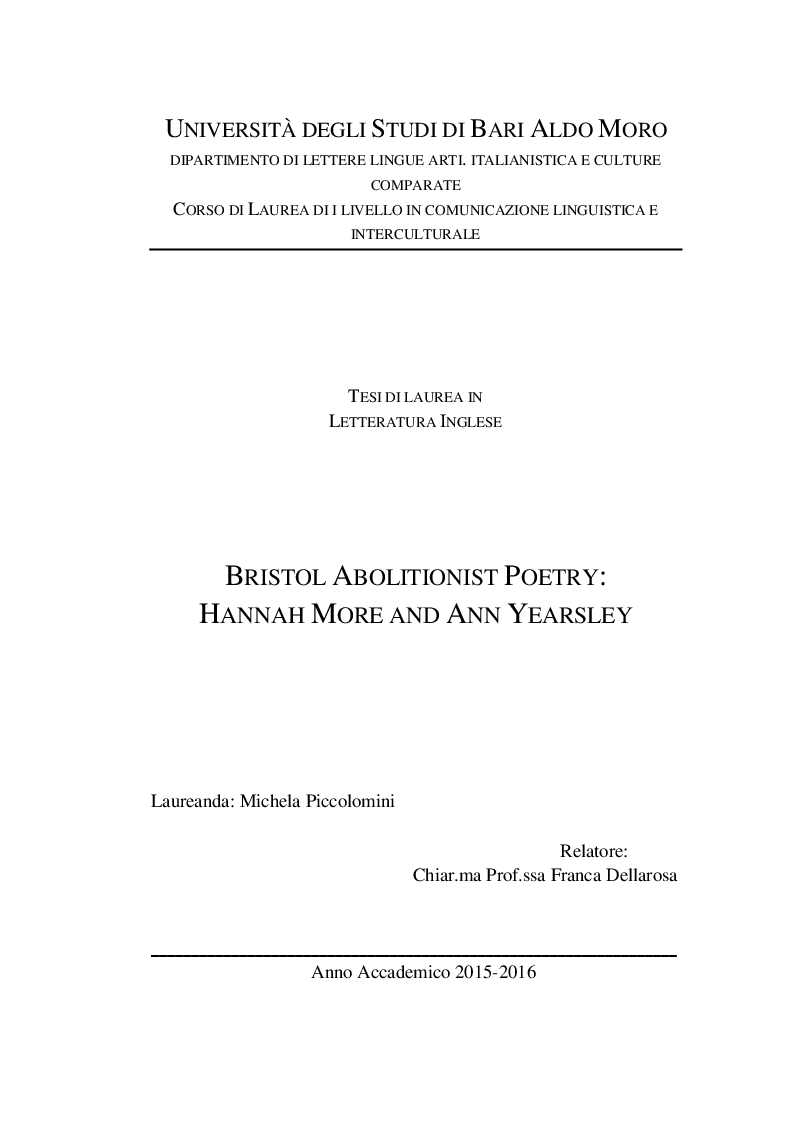 Anteprima della tesi: Bristol Abolitionist Poetry: Hannah More and Ann Yearsley, Pagina 1