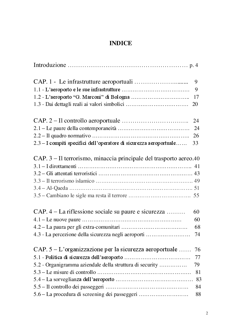 Indice della tesi: La Sicurezza Aeroportuale: Terrorismo e paure contemporanee, Pagina 1