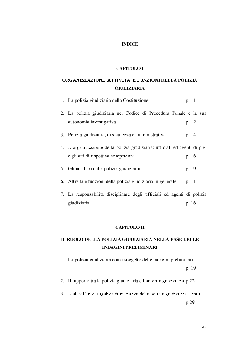 Indice della tesi: L'attività ad iniziativa della Polizia Giudiziaria prima dell'intervento del Pubblico Ministero, Pagina 1