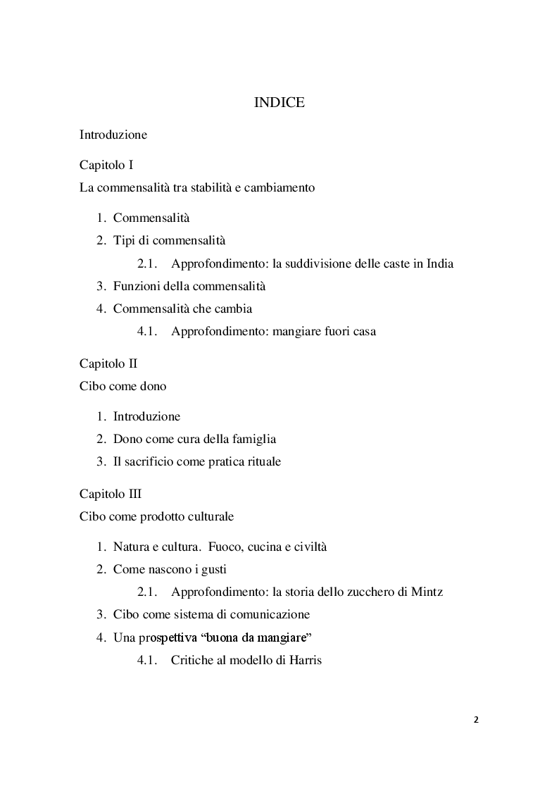 Indice della tesi: Cibo e ''cultura'', Pagina 1