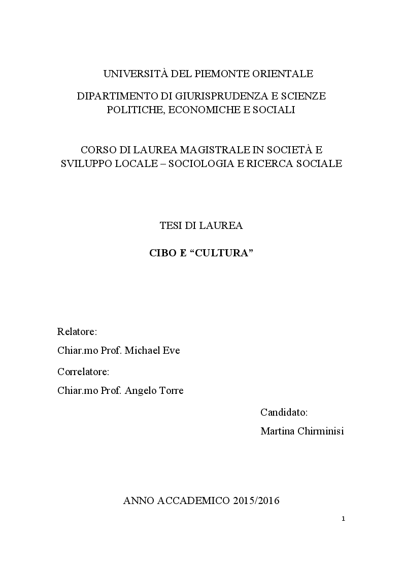 Anteprima della tesi: Cibo e ''cultura'', Pagina 1