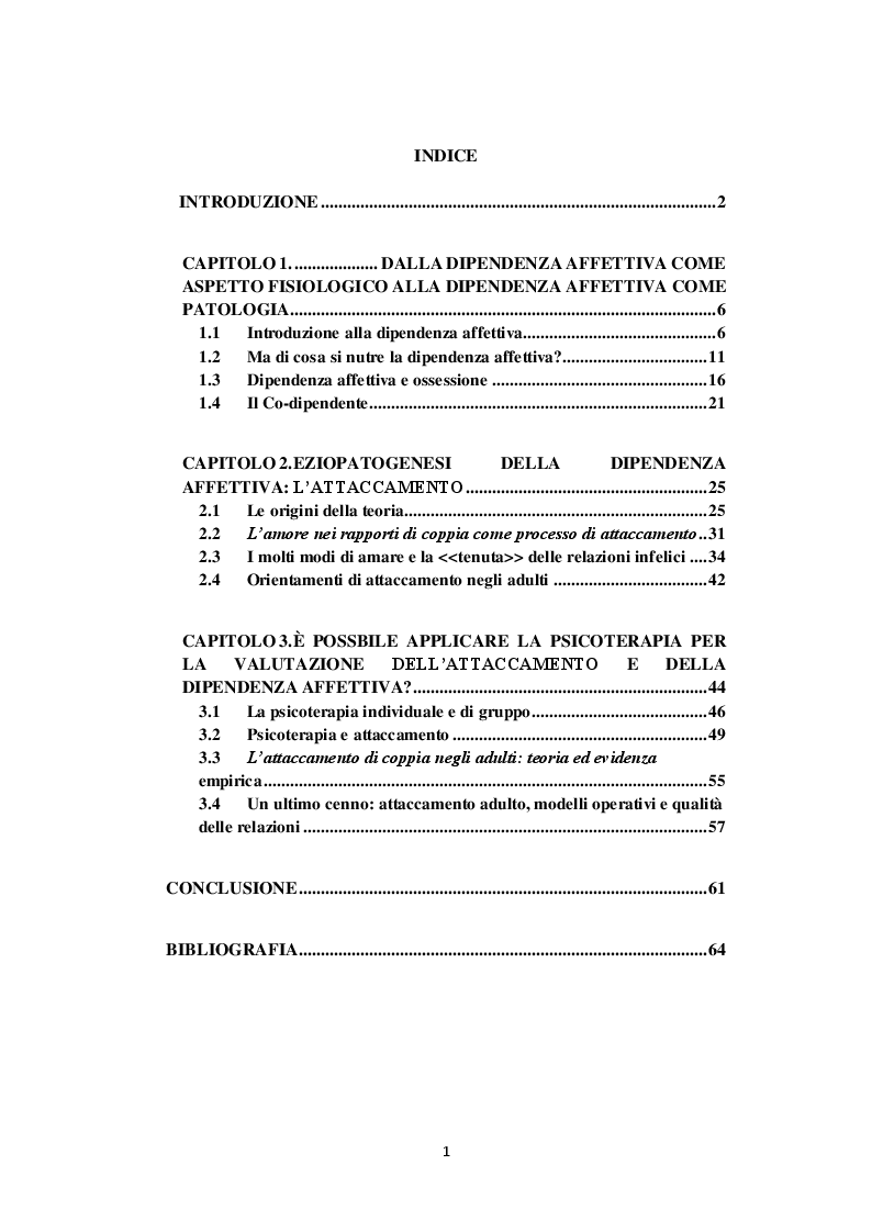 Indice della tesi: La dipendenza affettiva nella relazione di coppia, Pagina 1