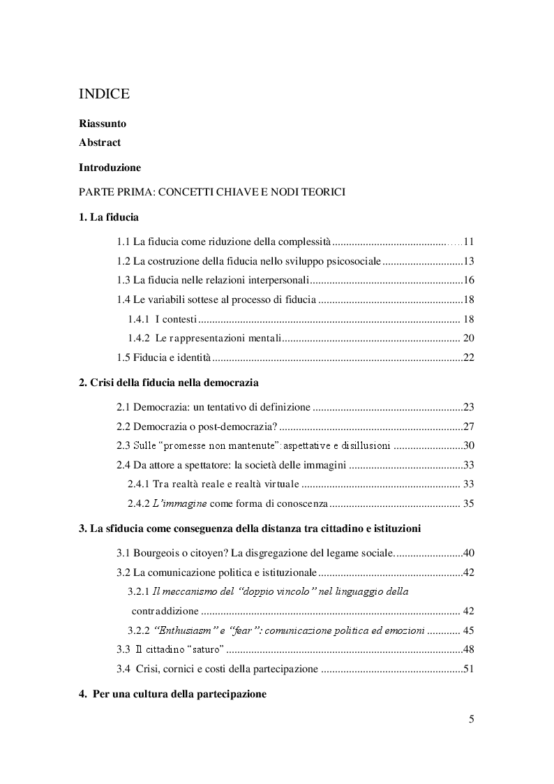 Indice della tesi: Istituzioni e partecipazione: la crisi della fiducia nel rapporto tra cittadini e istituzioni. Uno studio qualitativo tra gli studenti dell'Università degli Studi di Bergamo., Pagina 1