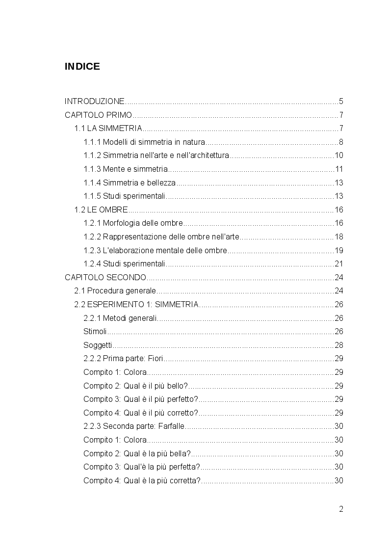 Indice della tesi: Uno studio sperimentale sullo sviluppo mentale della percezione della simmetria e delle ombre., Pagina 1
