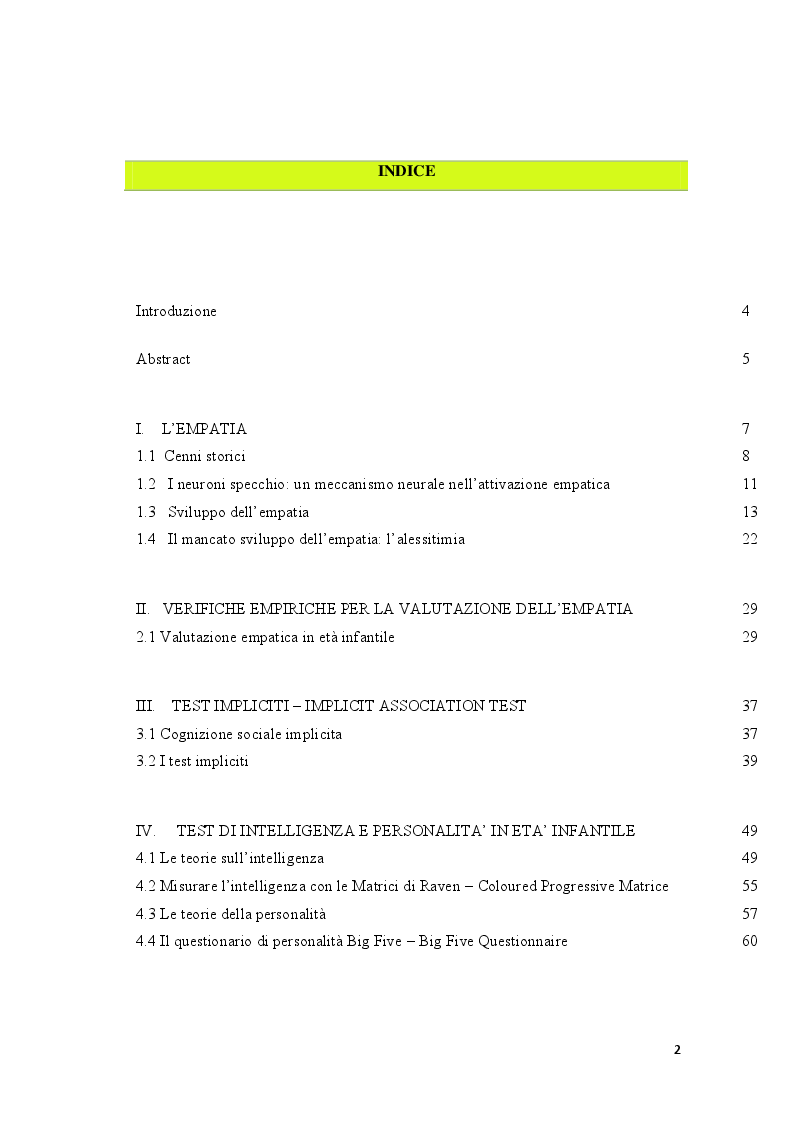 Indice della tesi: Lo sviluppo dell'empatia in età infantile valutato mediante l'IAT - Implicit Association Test, Pagina 1