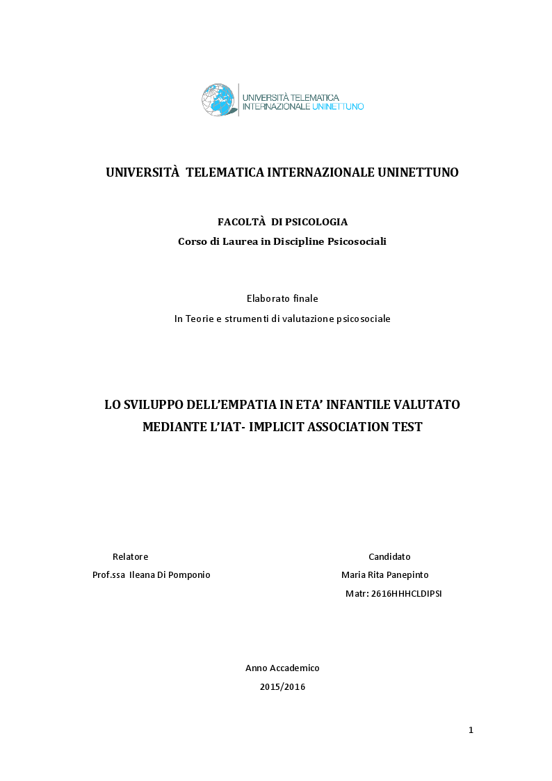 Anteprima della tesi: Lo sviluppo dell'empatia in età infantile valutato mediante l'IAT - Implicit Association Test, Pagina 1