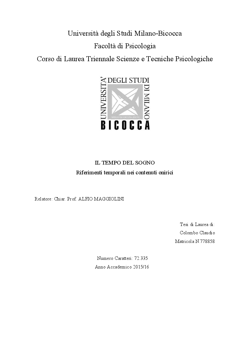 Anteprima della tesi: Il Tempo del Sogno. Riferimenti temporali nei contenuti onirici, Pagina 1