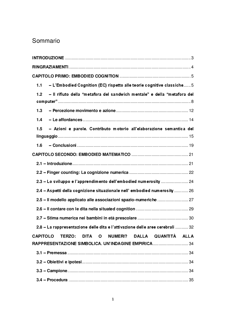 Indice della tesi: Dita o numeri? Dalla quantità alla rappresentazione simbolica, Pagina 1