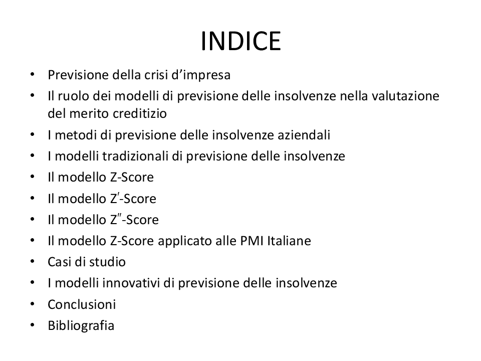 Indice della tesi: Metodi di previsione delle insolvenze aziendali, Pagina 1