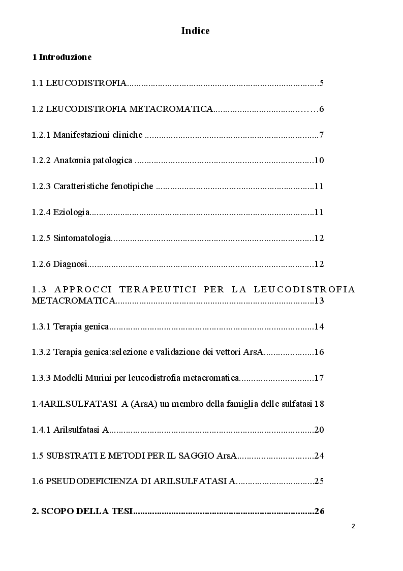 Indice della tesi: Sviluppo di un nuovo saggio per l’idrolisi del sulfatide da parte dell’enzima Arilsulfatasi A: rilevanza per la cura della Leucodistrofia Metacromatica, Pagina 1