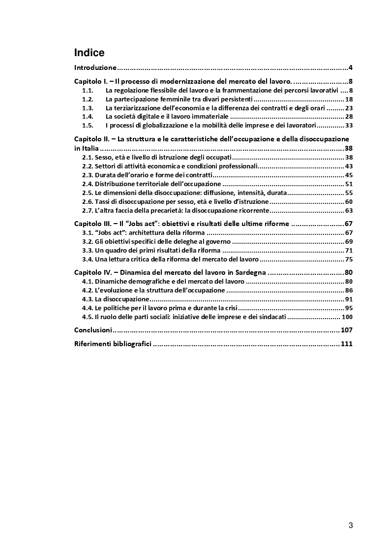 Indice della tesi: Il mercato del lavoro italiano tra modernizzazione e crisi. Il caso della Sardegna, Pagina 1