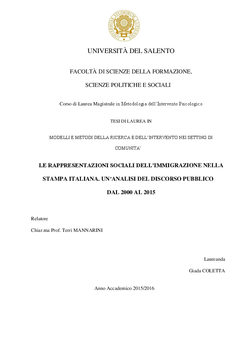 Anteprima della tesi: Le rappresentazioni sociali dell'immigrazione nella stampa italiana. Un'analisi del discorso pubblico dal 2000 al 2015, Pagina 1