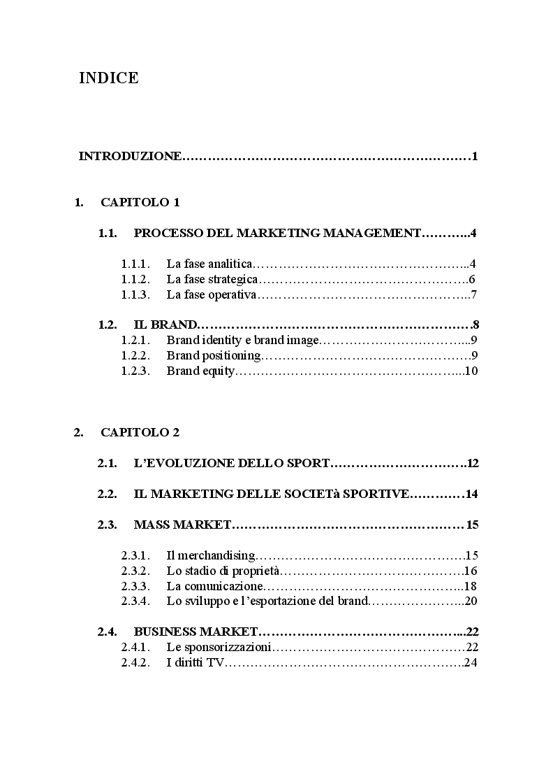 Indice della tesi: Da sport a impresa: il connubio calcio-marketing, Pagina 1