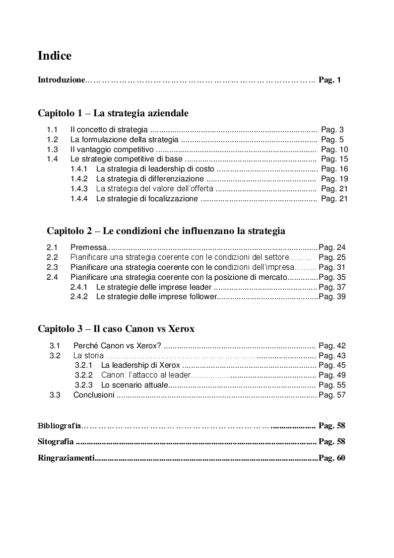 Indice della tesi: Le strategie di attacco al leader. Il caso Canon VS Xerox, Pagina 1