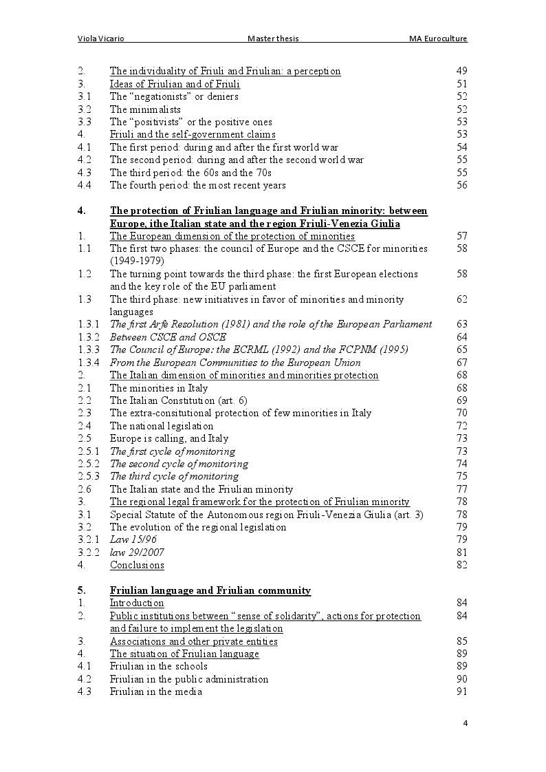 Indice della tesi: The Protection of Minorities and Minority languages. The Case of Friulian and Friulian Minority, Pagina 2