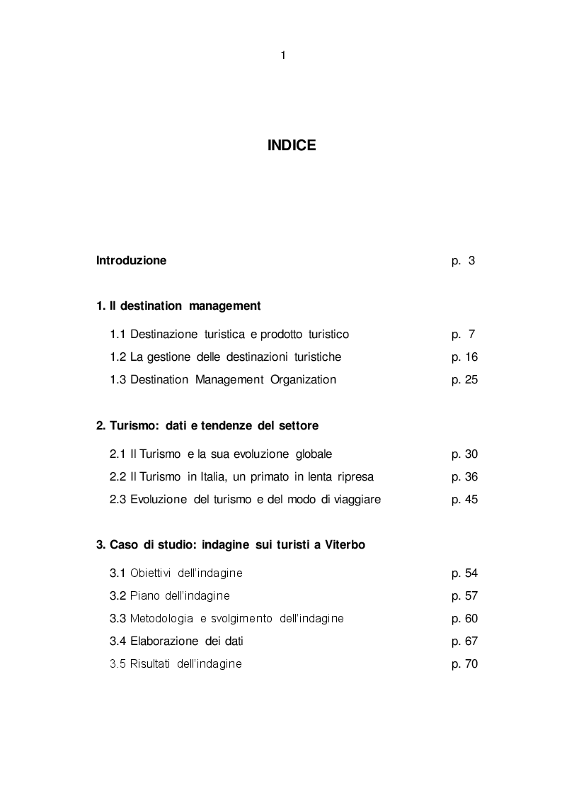 Indice della tesi: Il Destination Management: strumento chiave per lo sviluppo turistico. Caso di Studio: Viterbo, Pagina 1