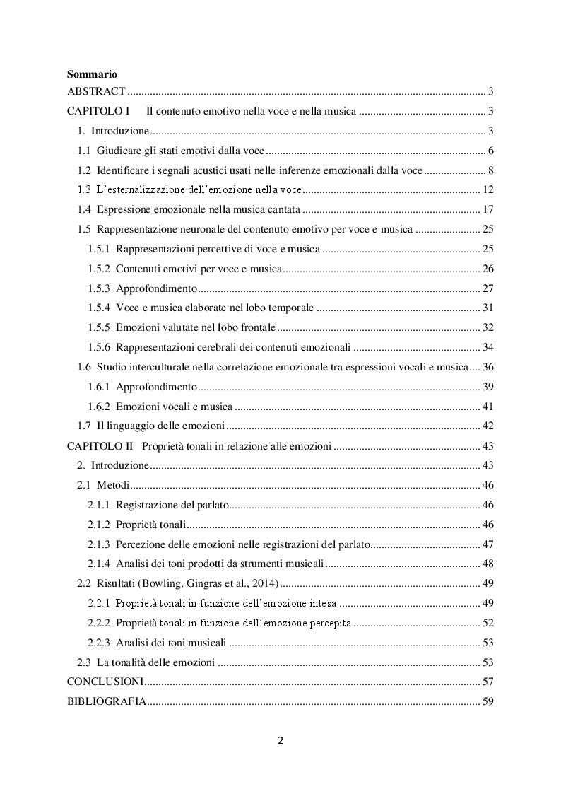 Indice della tesi: L'espressione delle emozioni nella voce e nella musica, Pagina 1