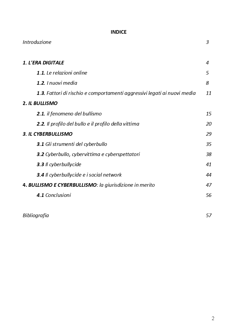 Indice della tesi: Bullismo e Cyberbullismo: una lettura criminologica, Pagina 1