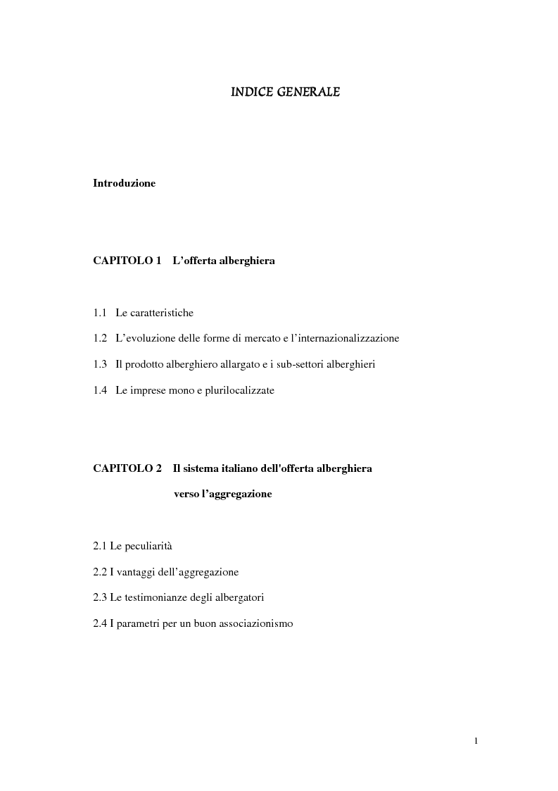 Indice della tesi: Le tipiche forme di aggregazione nel settore alberghiero in Italia e all'estero, Pagina 1