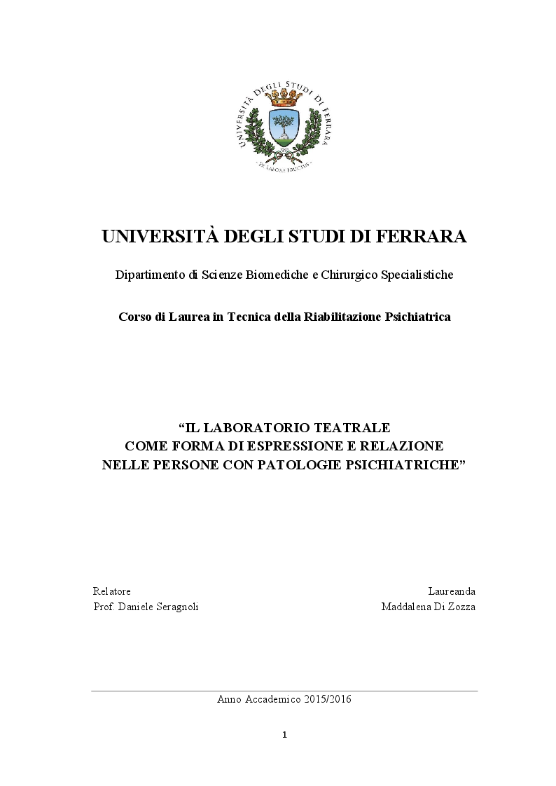 Anteprima della tesi: Il laboratorio teatrale come forma di espressione e relazione nelle persone con patologie psichiatriche, Pagina 1